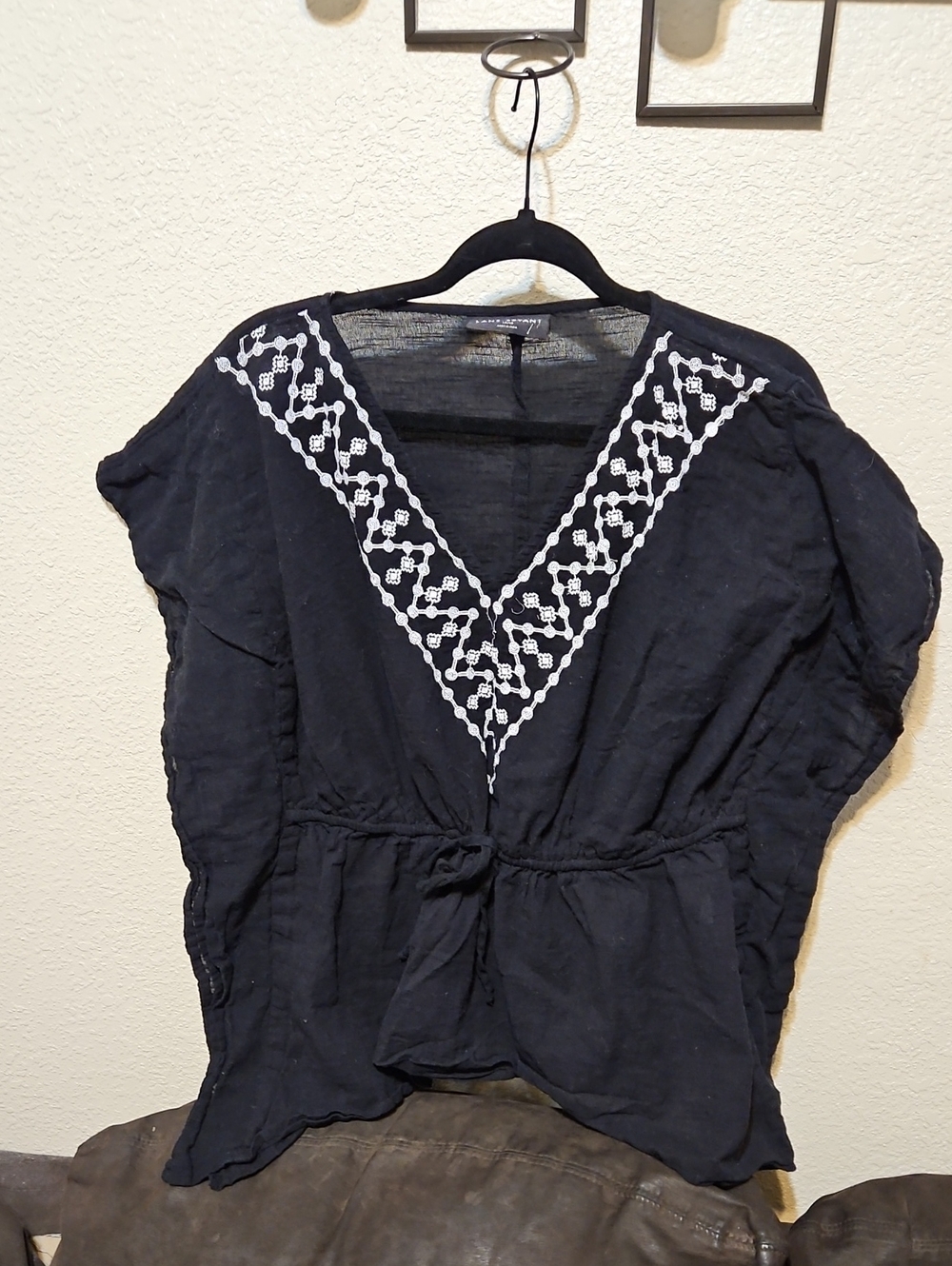 Lane Bryant Black Boxy Tunic with White Embroidered V-Neck
